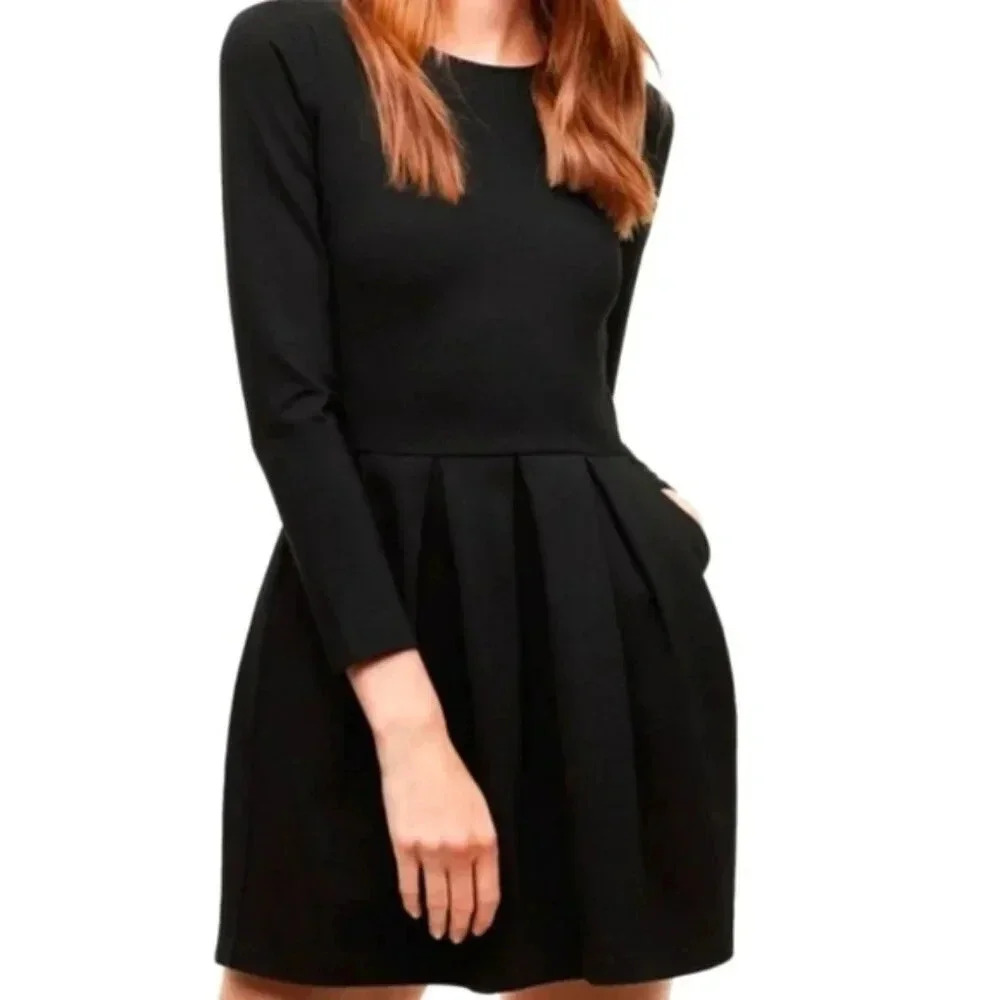 Aritzia Talula Tartine Pleated Fit and Flare Long Sleeve Black Mini Dress Size 4